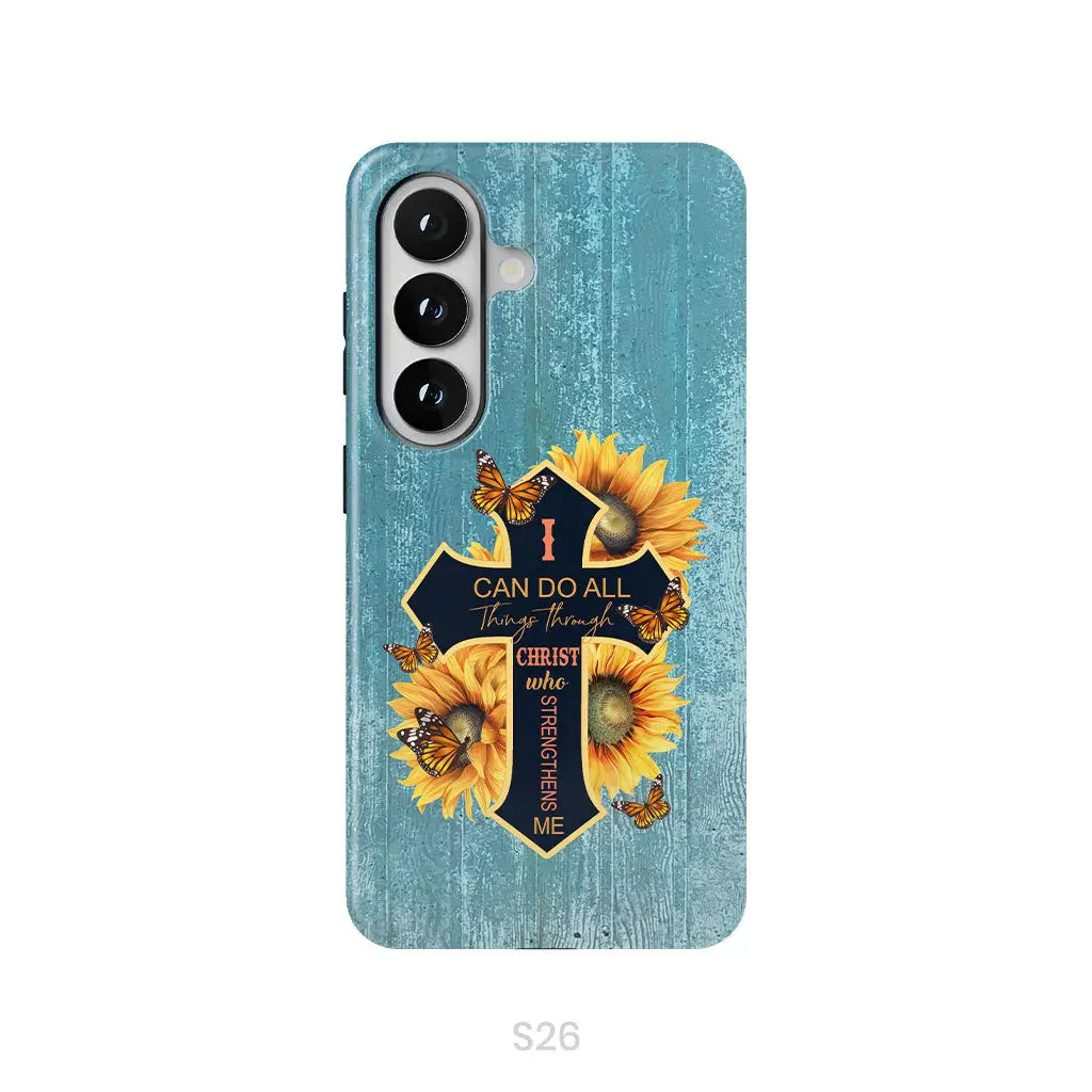 I Can Do All Things Through Christ Sunflower Butterfly Cross Phone Case Samsung Galaxy S26 / Tough Case