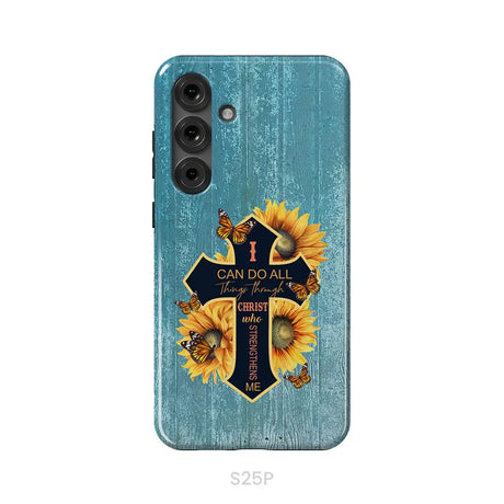 I Can Do All Things Through Christ Sunflower Butterfly Cross Phone Case Samsung Galaxy S25 Plus / Tough Case