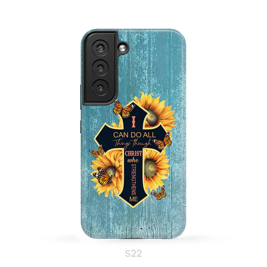I Can Do All Things Through Christ Sunflower Butterfly Cross Phone Case Samsung Galaxy S22 / Tough Case