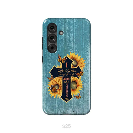 I Can Do All Things Through Christ Sunflower Butterfly Cross Phone Case Samsung Galaxy S25 / Tough Case