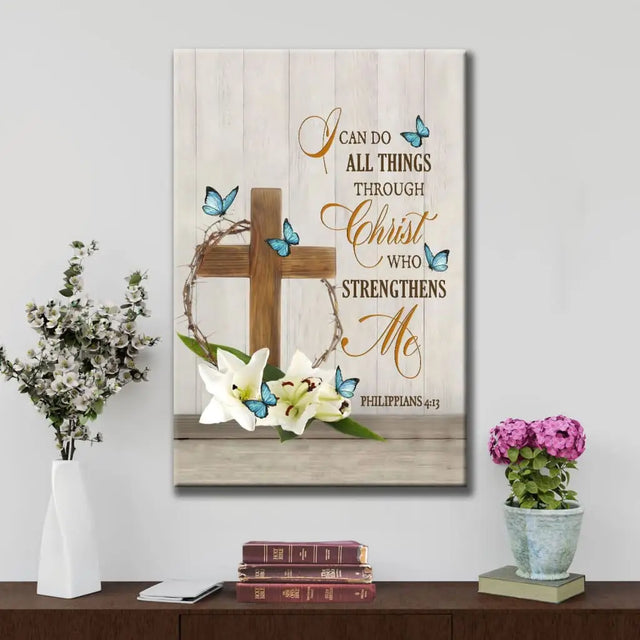 I Can Do All Things Through Christ Wooden Cross Lily Flower Butterflies Wall Art Canvas
