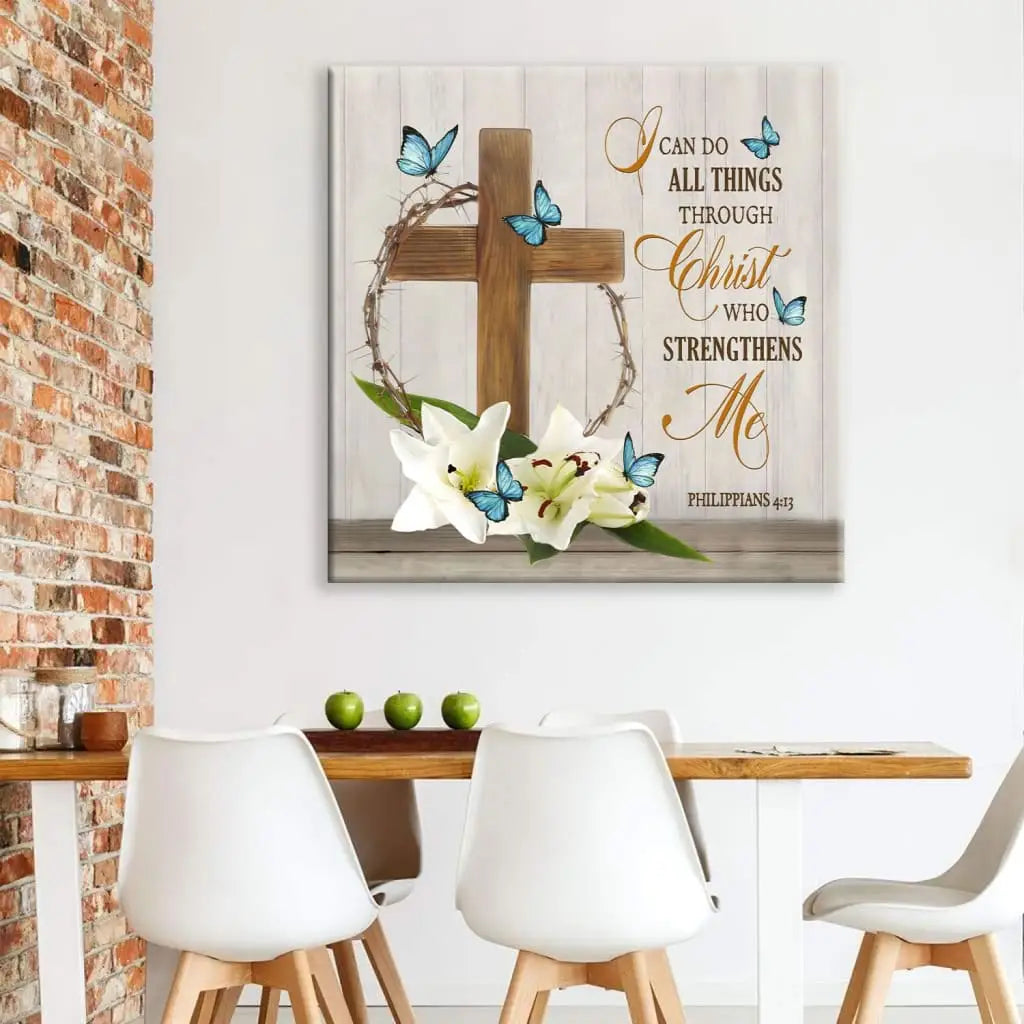 I Can Do All Things Through Christ Wooden Cross Lily Flower Butterflies Wall Decor