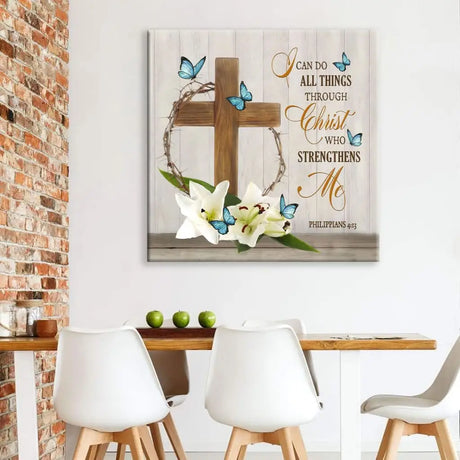 I Can Do All Things Through Christ Wooden Cross Lily Flower Butterflies Wall Decor