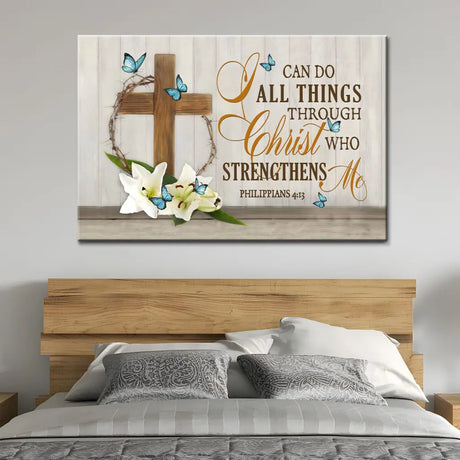 Christian canvas print with "I Can Do All Things Through Christ," wooden cross, and butterflies, ideal faith-filled wall decor.