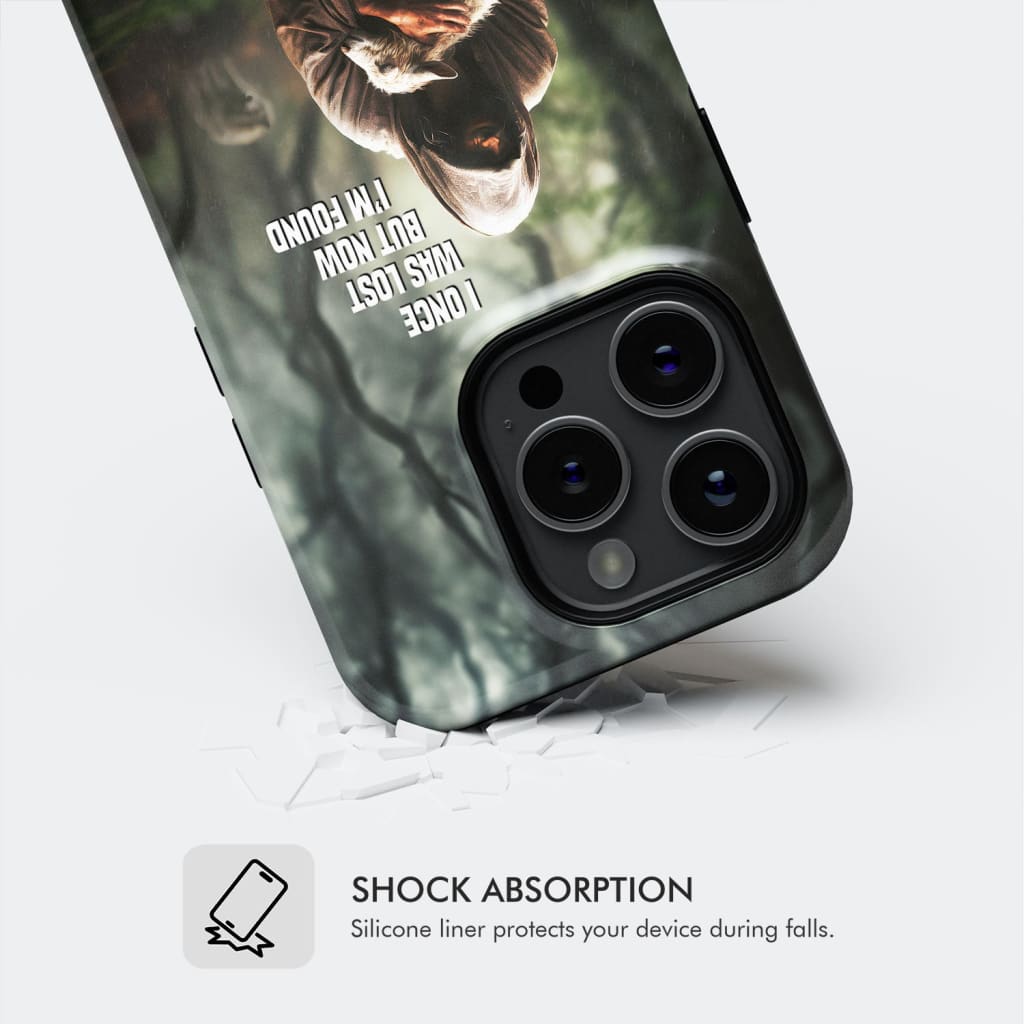 Faith-based phone case showing Jesus and a lost sheep with the quote "I Once Was Lost but Now I'm Found."