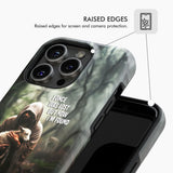 Phone case with "I Once Was Lost but Now I'm Found" and an illustration of Jesus guiding a lost sheep.
