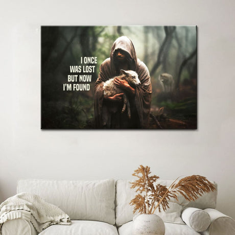 Faith-based canvas with "I Once Was Lost but Now I'm Found" and Jesus with a lost sheep, perfect for religious gifts.