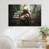 Inspirational canvas depicting Jesus and a lost sheep with "I Once Was Lost but Now I'm Found," ideal for faith-based décor.