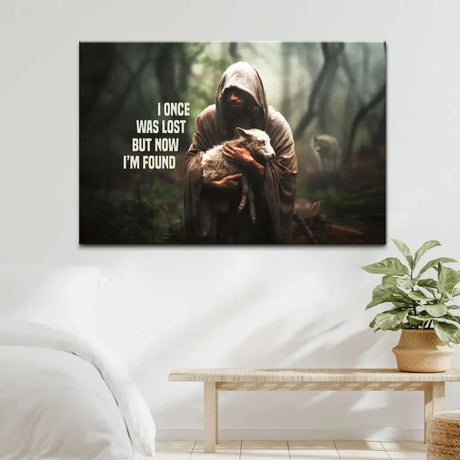 Inspirational canvas depicting Jesus and a lost sheep with "I Once Was Lost but Now I'm Found," ideal for faith-based décor.