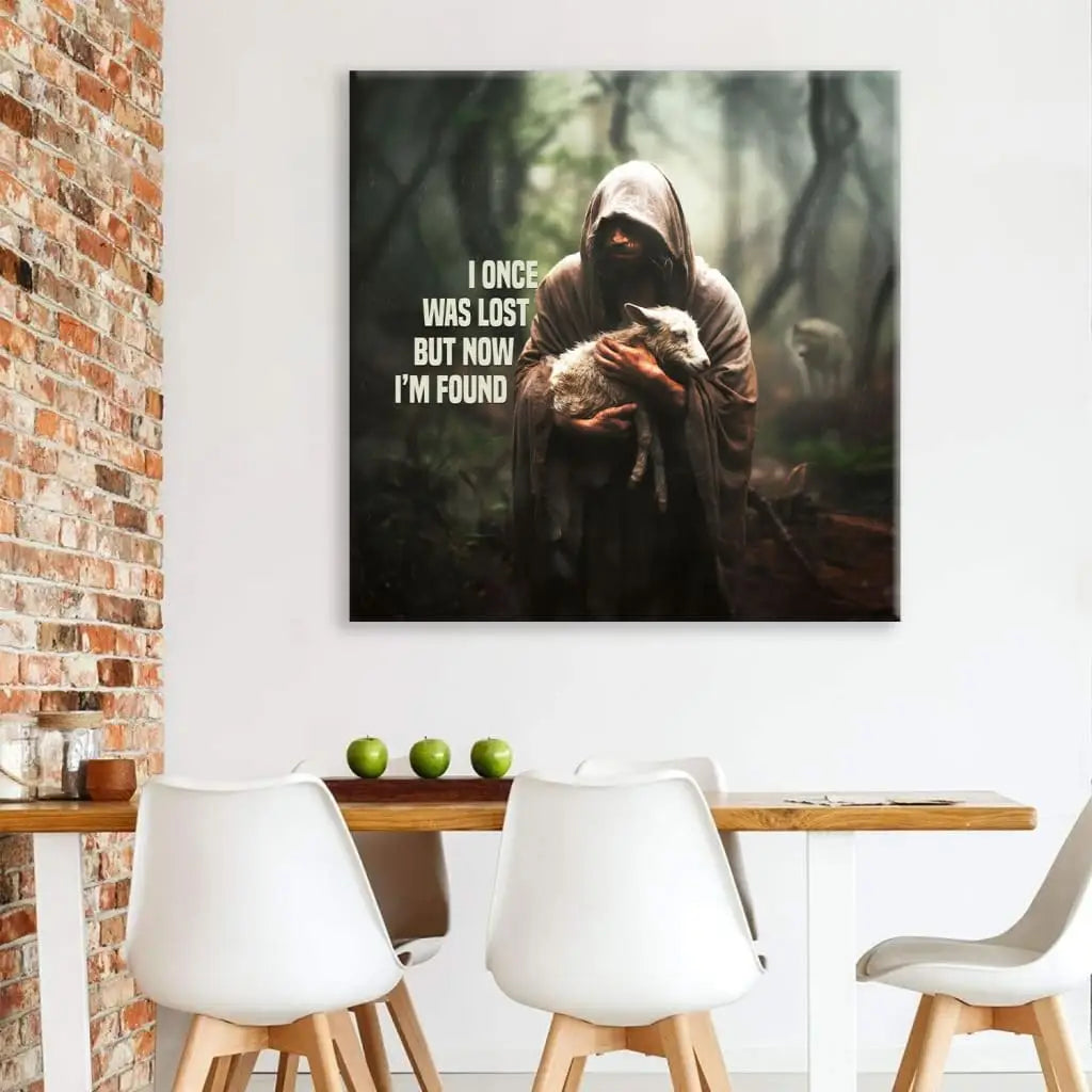Custom wall art featuring "I Once Was Lost but Now I'm Found" with Jesus and a lost sheep, ideal for Christian inspiration.
