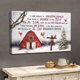 Christian wall art featuring "I Still Believe In Amazing Grace" with a crown of thorns, cardinals, red barn, cross, and Christmas tree, perfect faith-based Christmas decor.