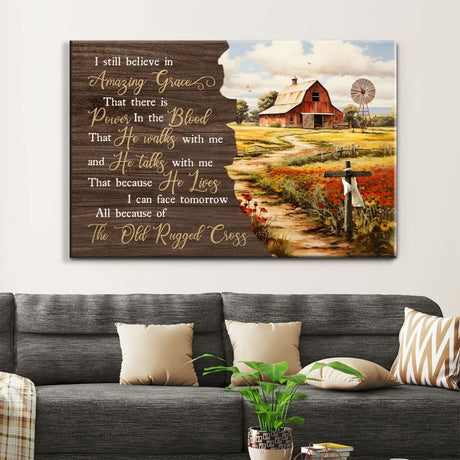 Inspirational canvas depicting a tranquil farm scene with an old red barn and the hymn "I Still Believe in Amazing Grace," ideal for Christian gifts.