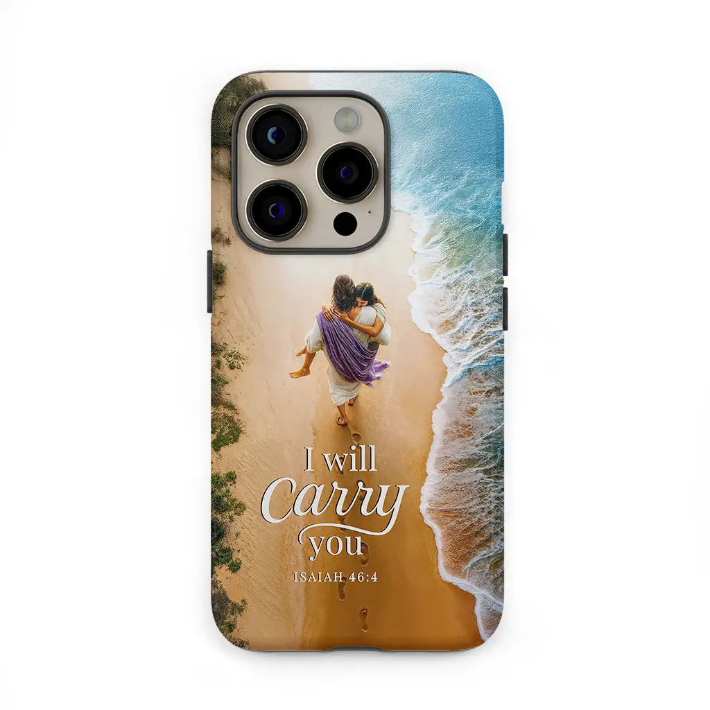Christian phone case with Jesus carrying young woman, faith-based gift with Isaiah 46:4 Bible verse.