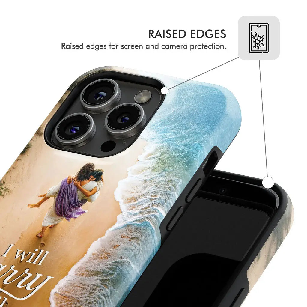 Christian phone case with scripture, Jesus carrying woman on beach, faith and encouragement design.
