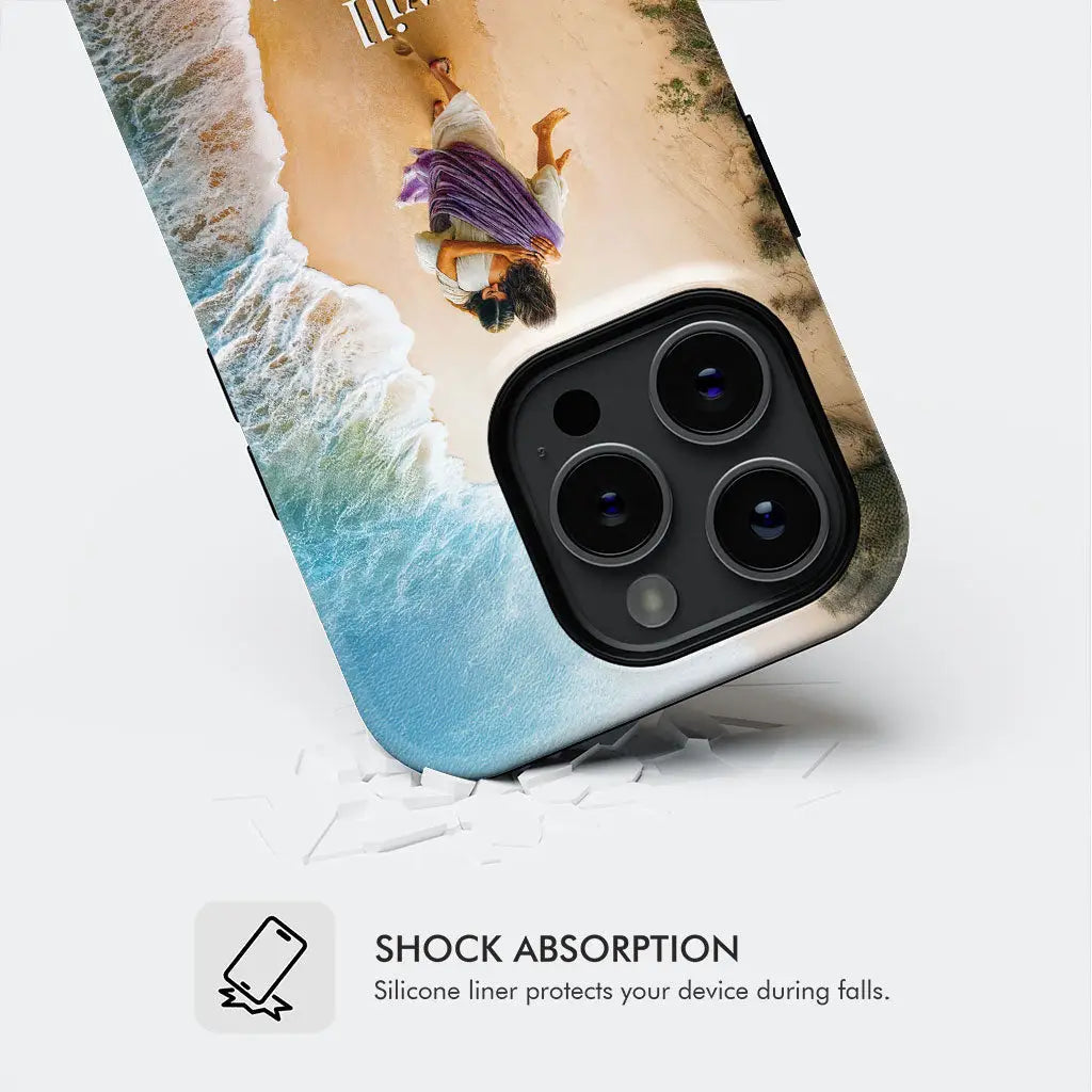 Faith-based phone cover with Jesus carrying woman, comforting Christian gift with Bible verse.