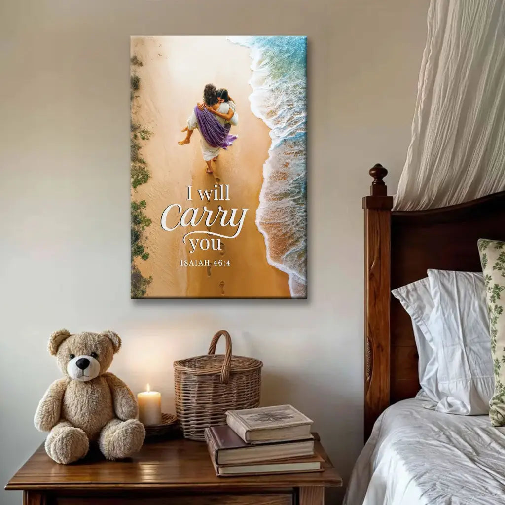 Faith-based canvas of Jesus carrying woman, comforting Christian gift with scripture for loved ones.