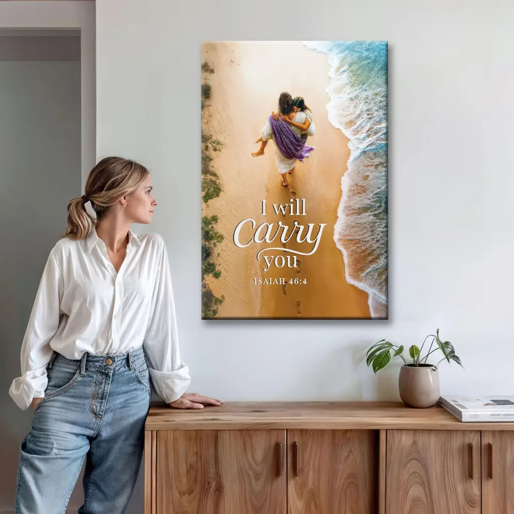 I Will Carry You wall art, Jesus holding young woman, inspirational Christian gift with scripture.