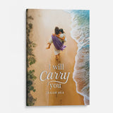 Faith-based canvas of Jesus carrying woman, comforting Christian gift with scripture for loved ones.