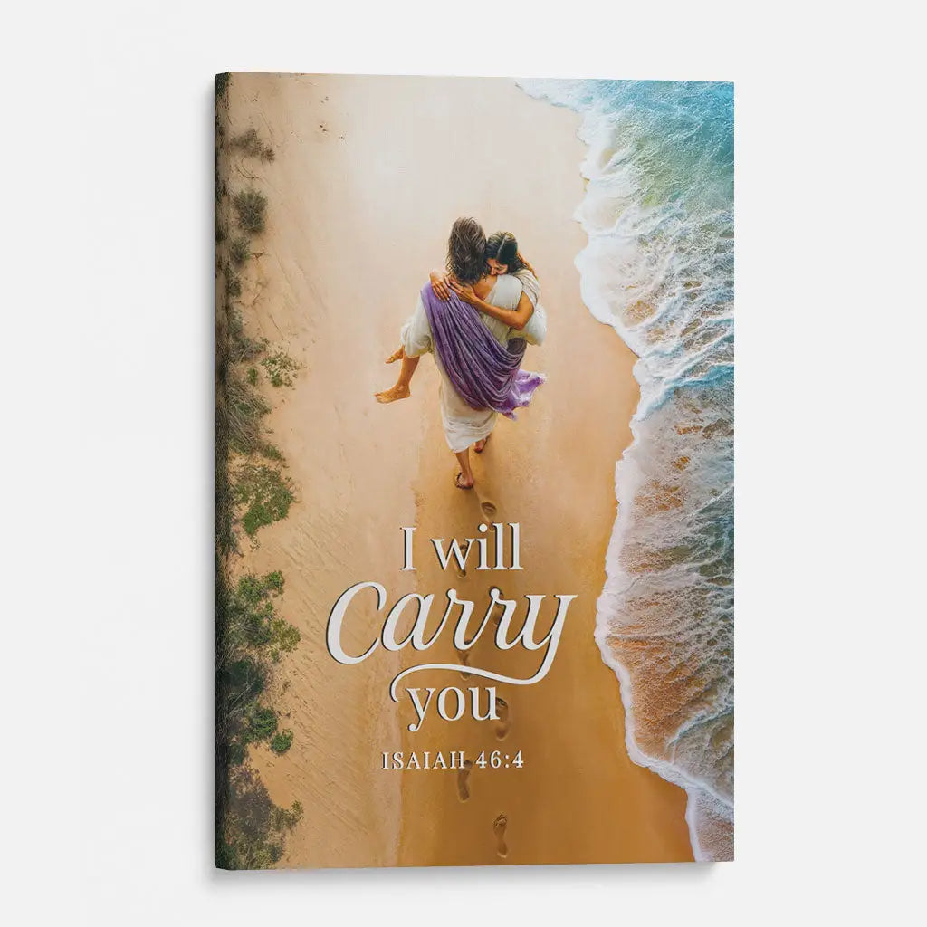 Faith-based canvas of Jesus carrying woman, comforting Christian gift with scripture for loved ones.