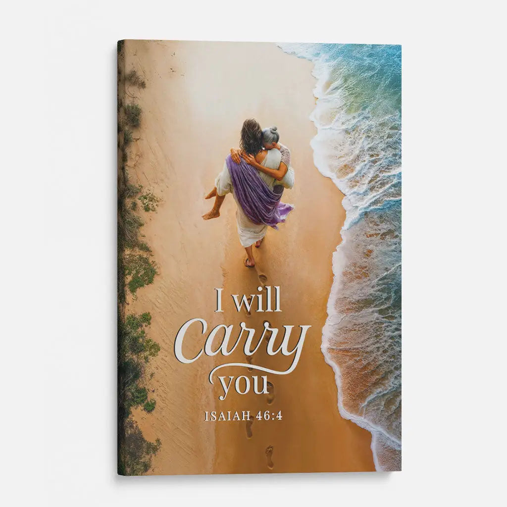 Jesus carrying woman wall décor, Isaiah 46:4 Christian canvas gift about faith, comfort, and God’s care.