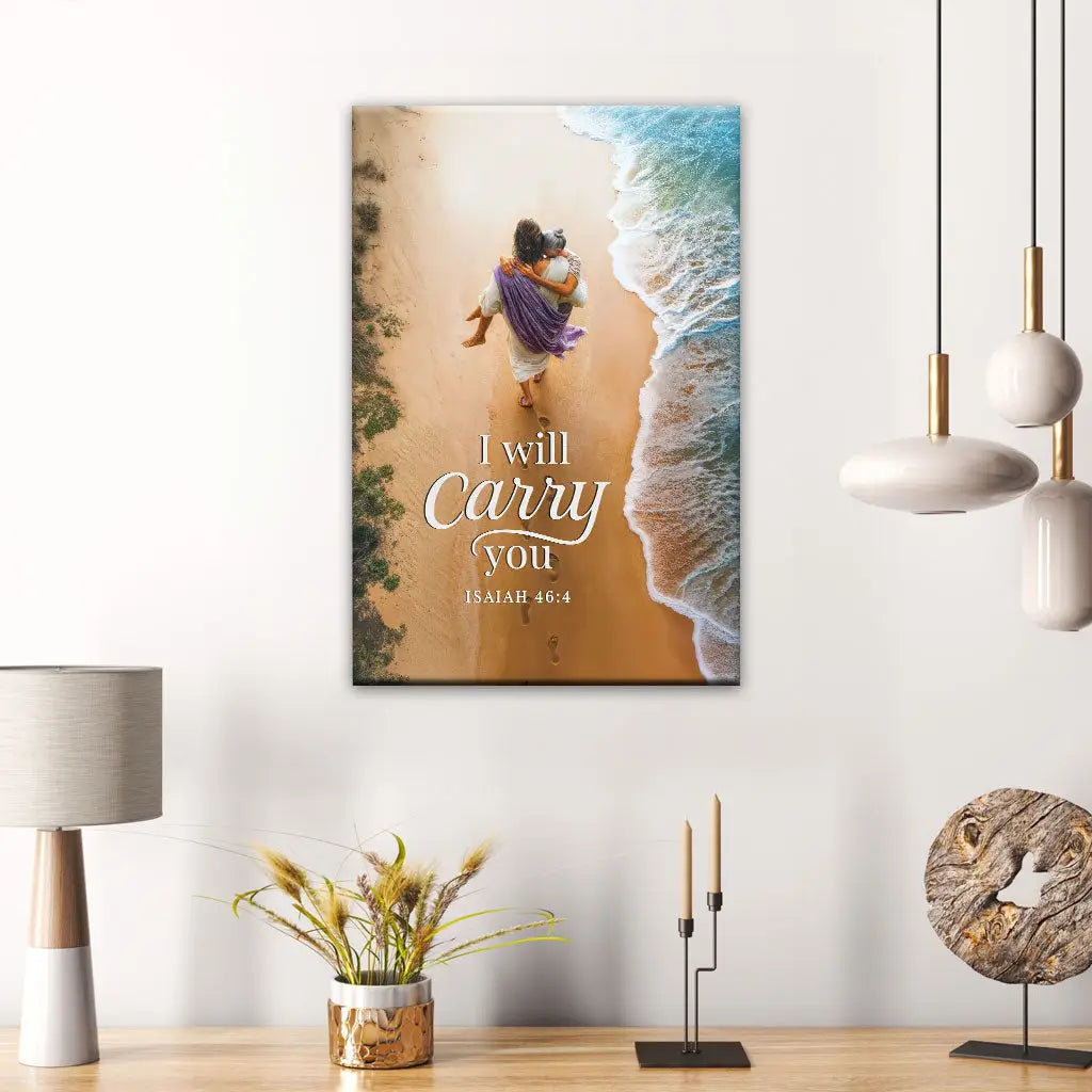 Faith-based wall art of Jesus carrying woman, Isaiah 46:4 Bible verse canvas for comfort and strength.