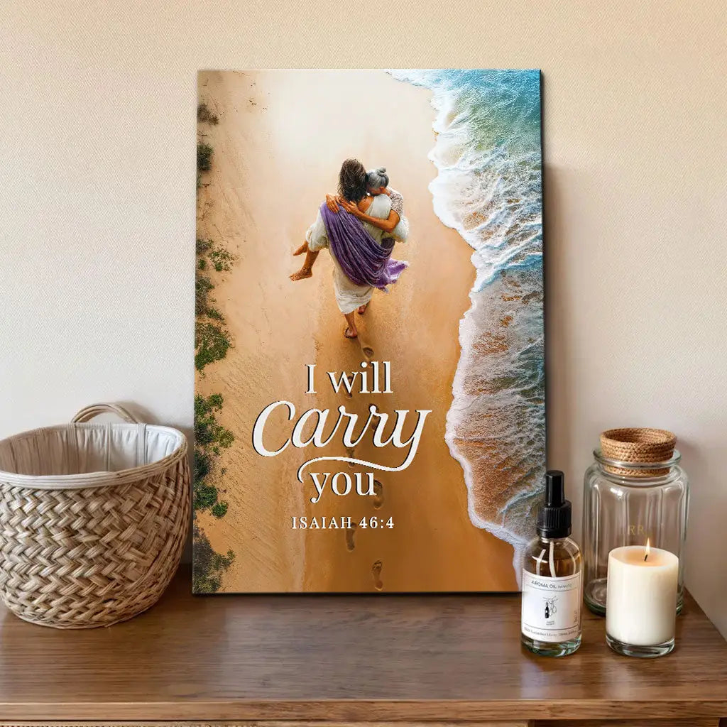 I Will Carry You canvas, Jesus holding woman, inspirational Christian artwork with scripture message.