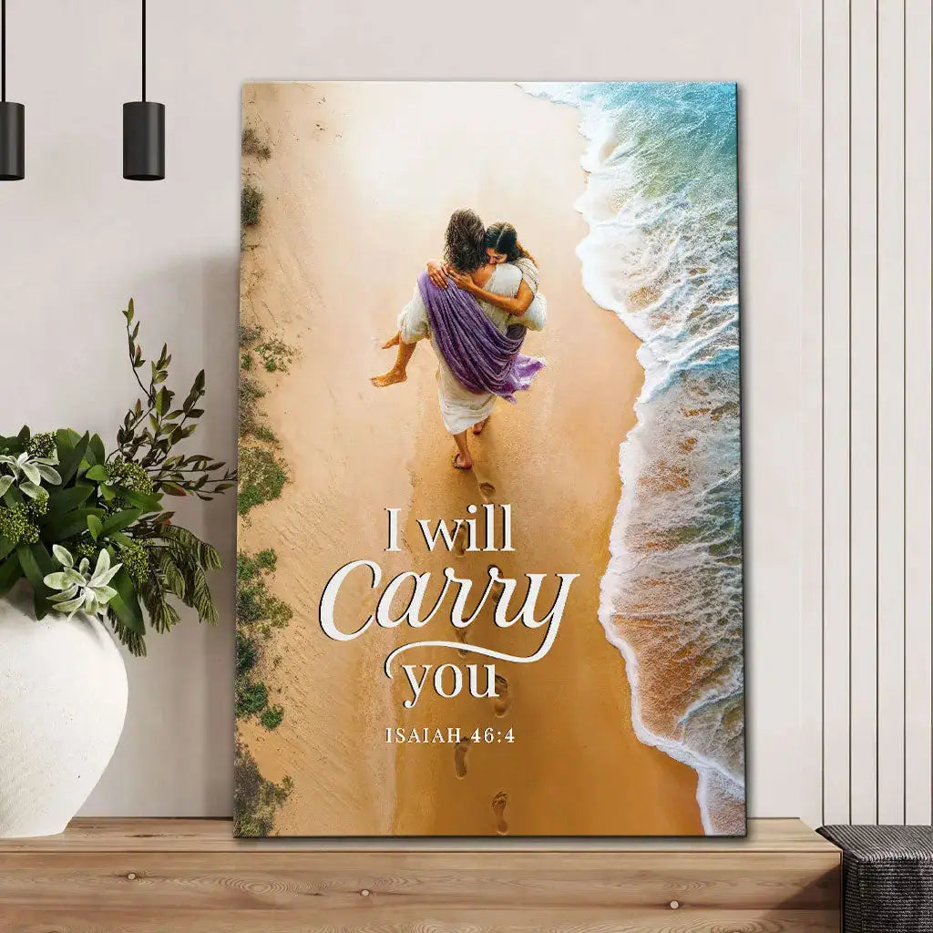Christian canvas with Jesus carrying young woman, Isaiah 46:4 faith-based wall art with Bible verse.