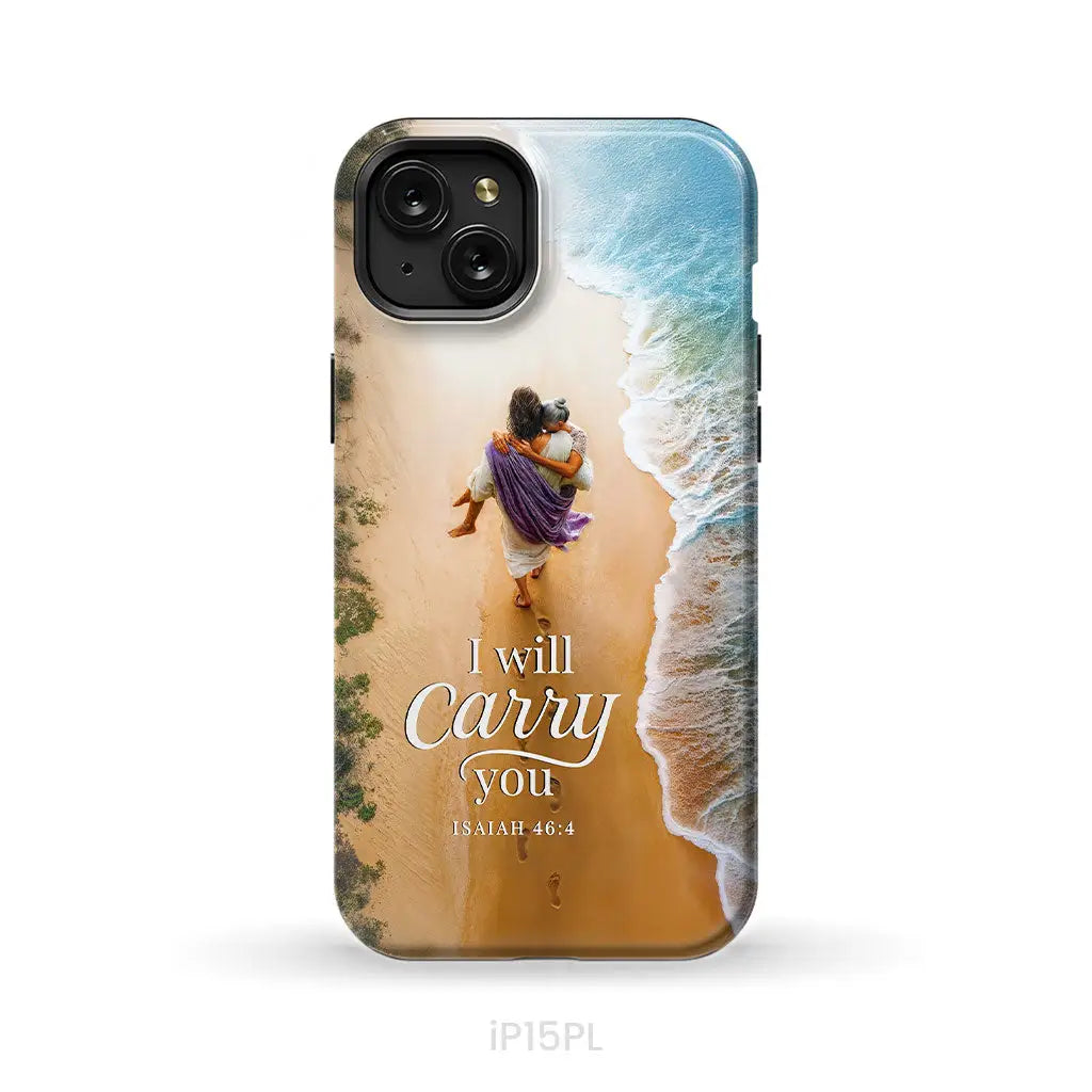I Will Carry You – Jesus Carrying Elderly Woman Isaiah 46:4 Christian Phone Case iPhone 15 Plus / Tough Case