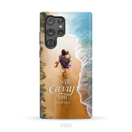 I Will Carry You – Jesus Carrying Elderly Woman Isaiah 46:4 Christian Phone Case Samsung Galaxy S22 Ultra / Tough Case