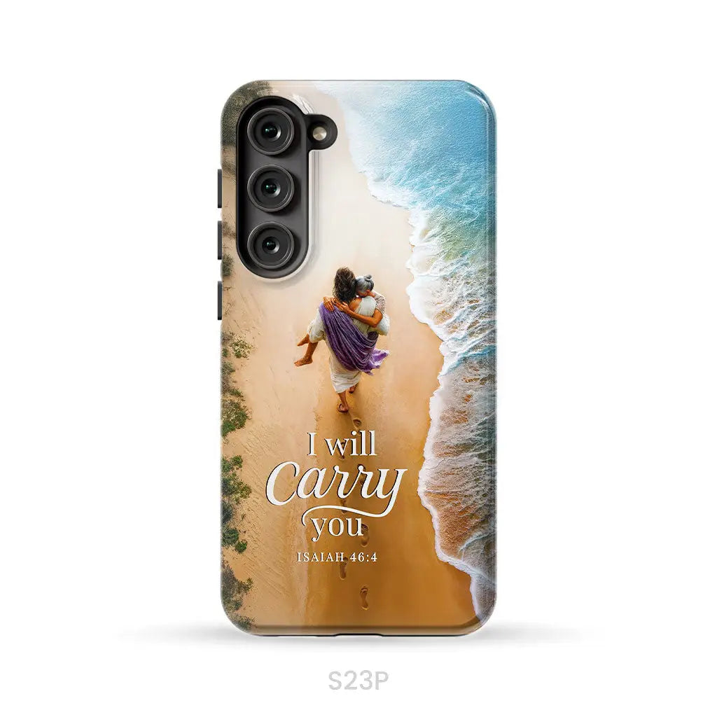 I Will Carry You – Jesus Carrying Elderly Woman Isaiah 46:4 Christian Phone Case Samsung Galaxy S23 Plus / Tough Case