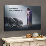 Faith-based wall art showing Jesus with a lamb, wolves bowing, and the powerful Scripture from Romans 8:31.