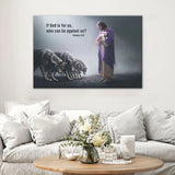 Scripture wall decor featuring Jesus, a lamb, and wolves, illustrating Romans 8:31 in a stunning Christian artwork.