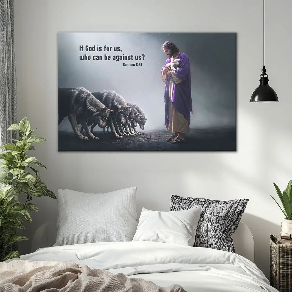 Christian gifts – a moving depiction of Jesus shielding a lamb as wolves bow, paired with Romans 8:31.