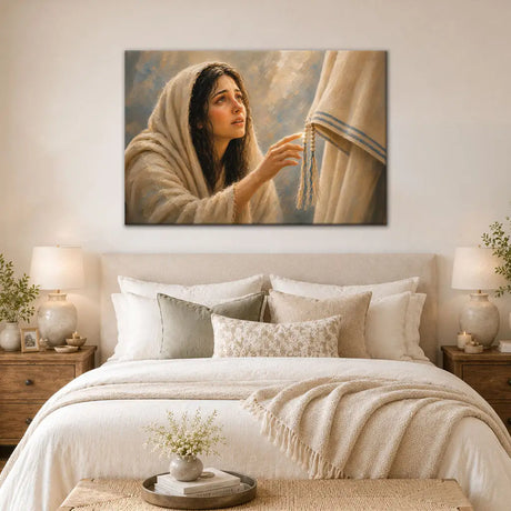 Touching Jesus' robe canvas artwork hung above a wooden console table in a cozy modern living room.