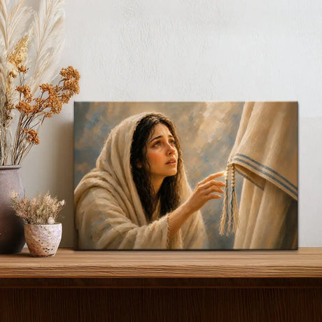 If I Only Touch His Garment canvas art depicting the faith of the bleeding woman touching Jesus' robe.