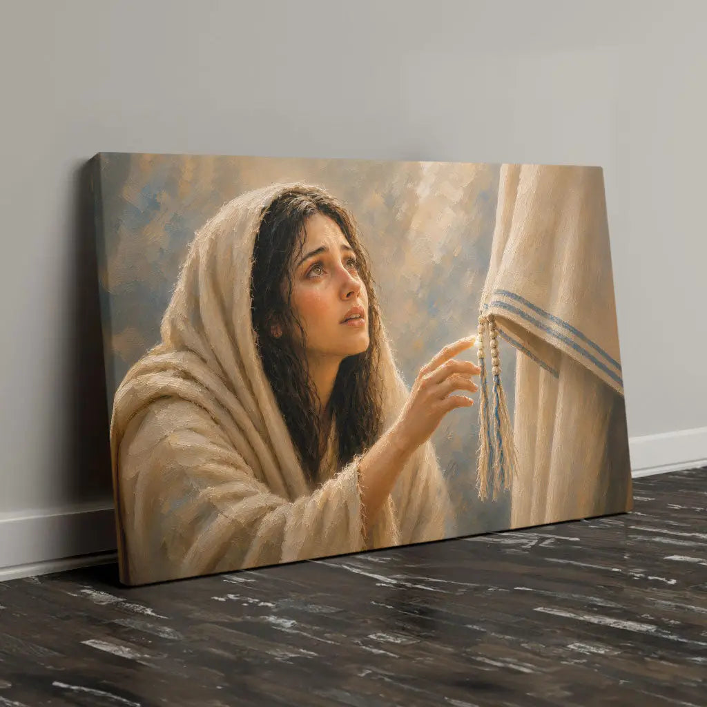 Christian wall art canvas showing the woman touching the hem of Jesus' robe for healing.