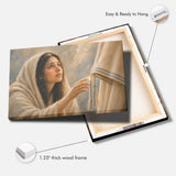 Woman touching Jesus' robe Christian wall art print displayed in a warm, minimalist home interior.