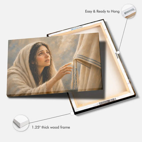 Woman touching Jesus' robe Christian wall art print displayed in a warm, minimalist home interior.