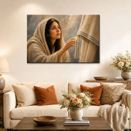 Biblical painting of a woman reaching to touch Jesus' garment hem, framed on a living room wall.