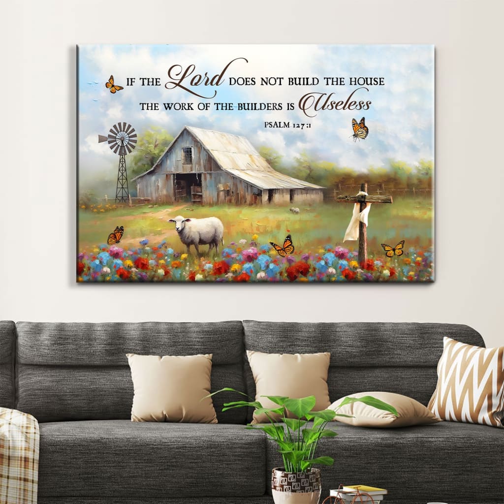 Inspirational Scripture wall art featuring Psalm 127:1, ideal for faith-based home decor in a modern farmhouse style.