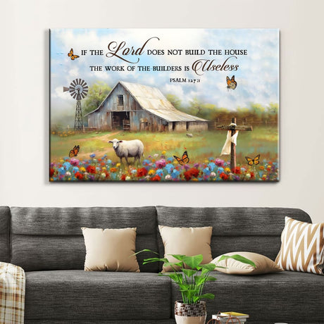 Inspirational Scripture wall art featuring Psalm 127:1, ideal for faith-based home decor in a modern farmhouse style.