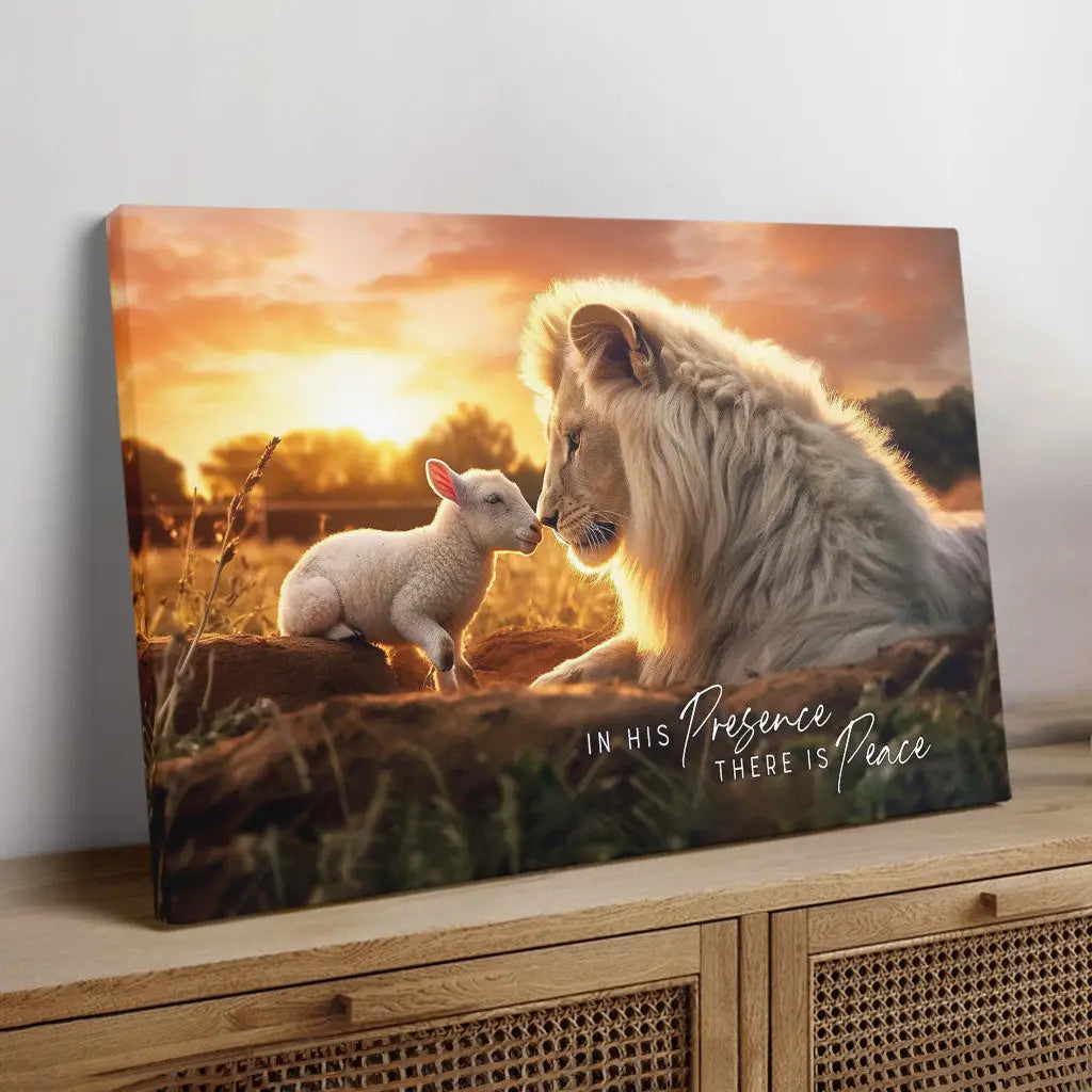 Faith-based canvas print with a lion and lamb, displaying &quot;In His Presence There is Peace.&quot; Perfect Christian home decor.