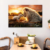 Christian wall art featuring a peaceful scene of a lion and lamb with the words "In His Presence There is Peace," perfect faith-based decor.