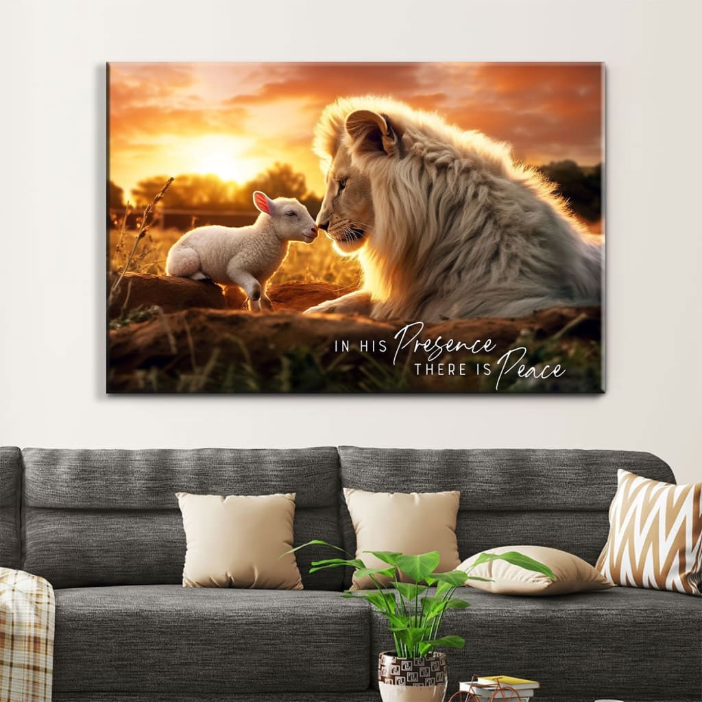 Faith-based wall art displaying a lion and lamb with &quot;In His Presence There is Peace,&quot; great religious decor for Christian homes.