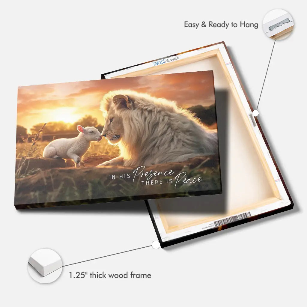 Christian home decor: &quot;In His Presence There is Peace&quot; wall art canvas with a lion and lamb. A meaningful faith gift.