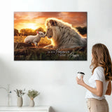 Christian wall art canvas: "In His Presence There is Peace," featuring a lion and lamb. Inspirational faith-based decor.