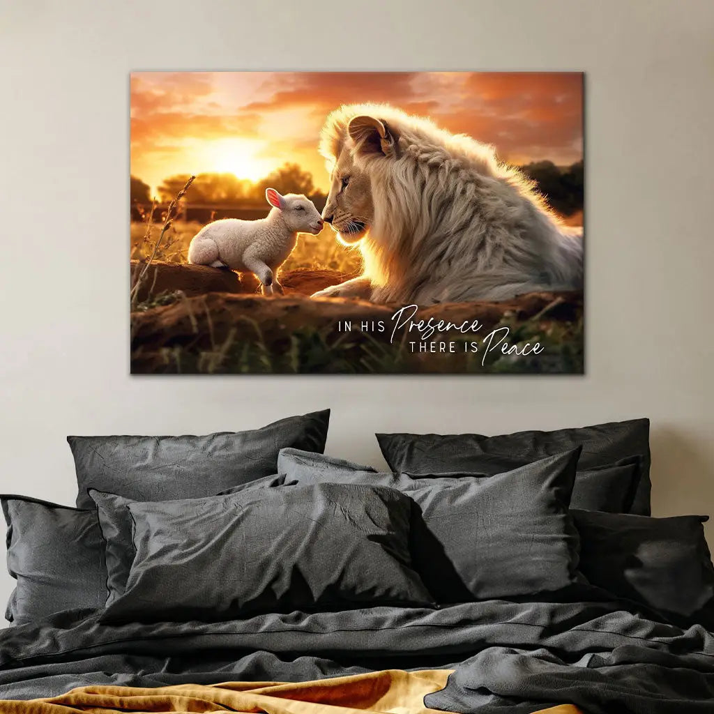 In His Presence There is Peace Lion and Lamb Wall Art Canvas