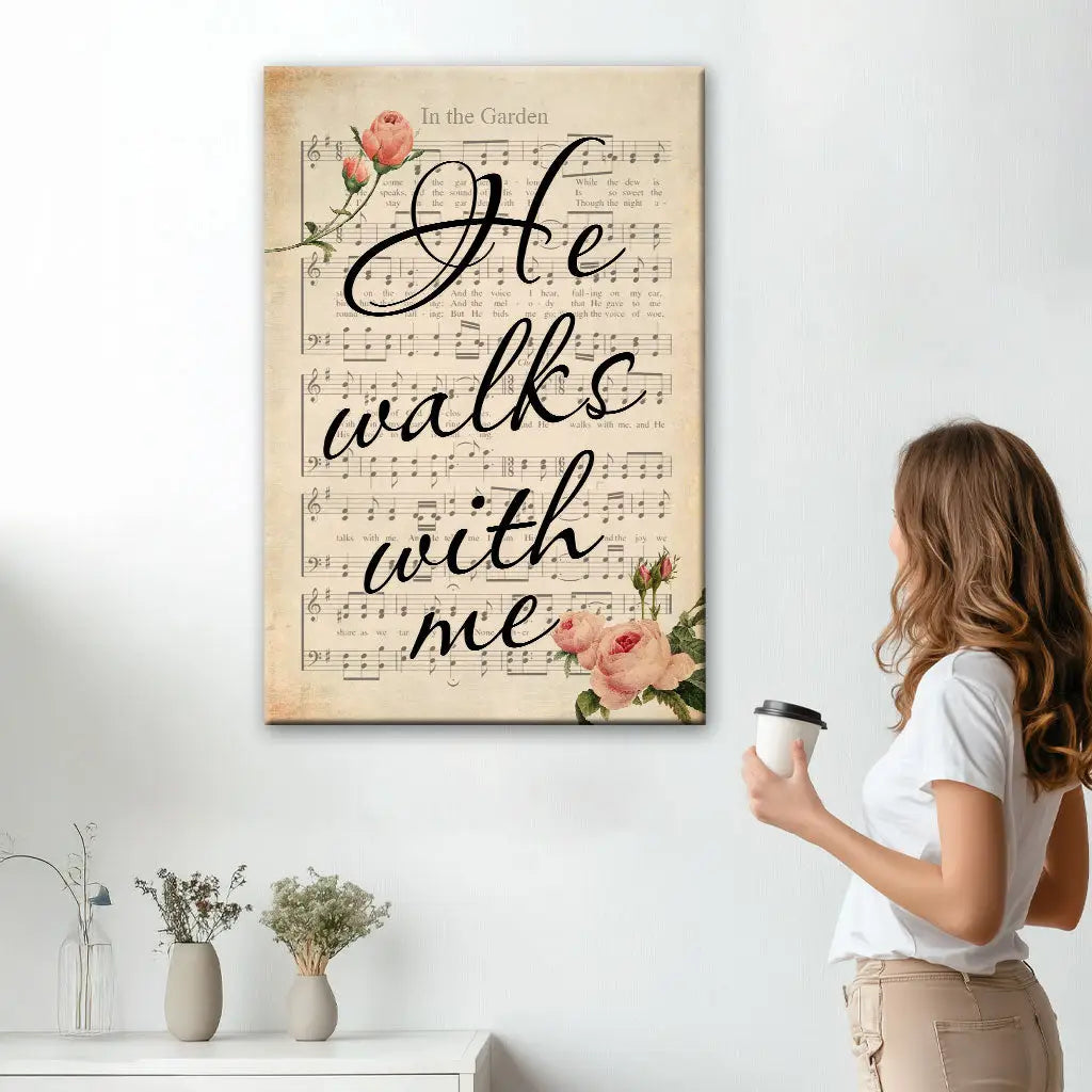 Faith-based canvas print with lyrics from &quot;In the Garden&quot; song. Beautiful Christian gifts and Scripture artwork.