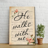 Christian wall art canvas: He walks with me lyrics from "In the Garden." Inspirational faith-based home decor.