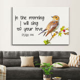 Inspirational wall art with Psalm 59:16 Bible verse, "I Will Sing of Your Love," ideal Christian gift for home decor.
